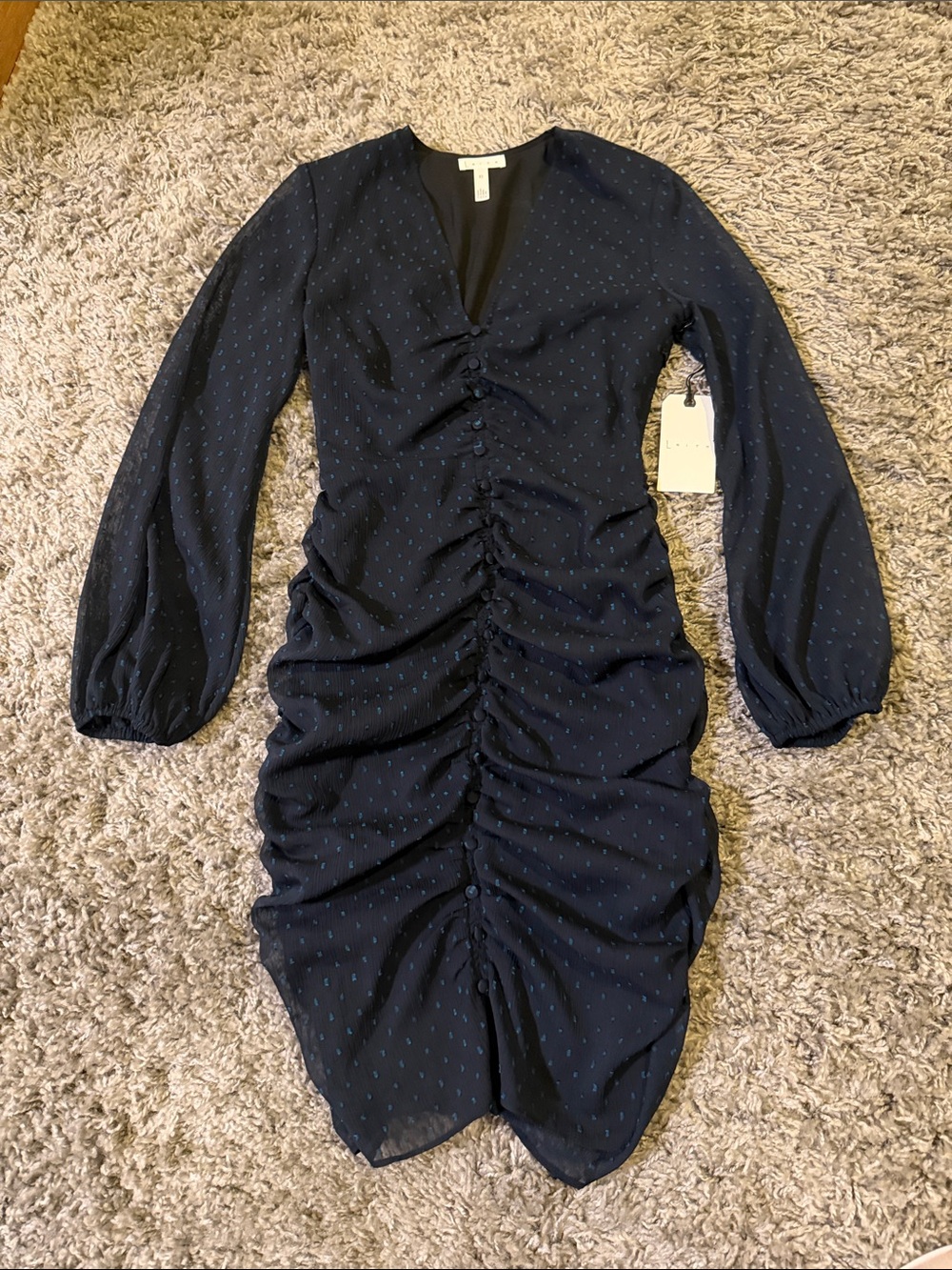 Leith Navy Long-Sleeve Ruched V-Neck Dress